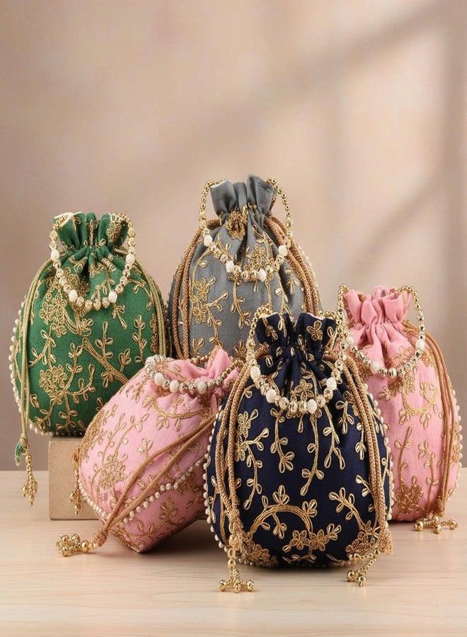 Anant Infinity Potli | Jute Handbags for women | Embroidered Women Potli Bag | Drawstring Bags for Wedding | Traditional Indian Goody Bags | Pack of 5 | Multicolor - Image 2